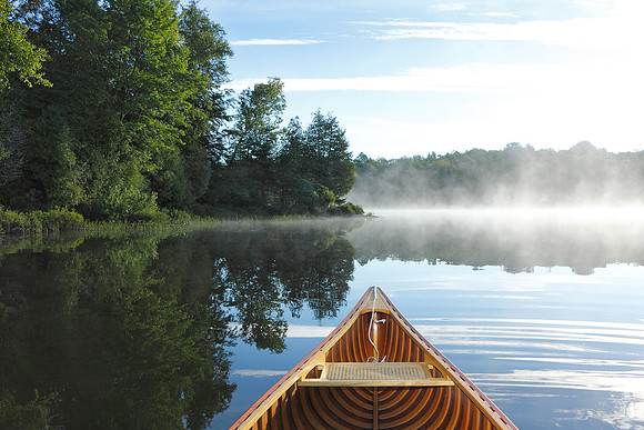 Cedar Canoe Bow on a Misty Lake
